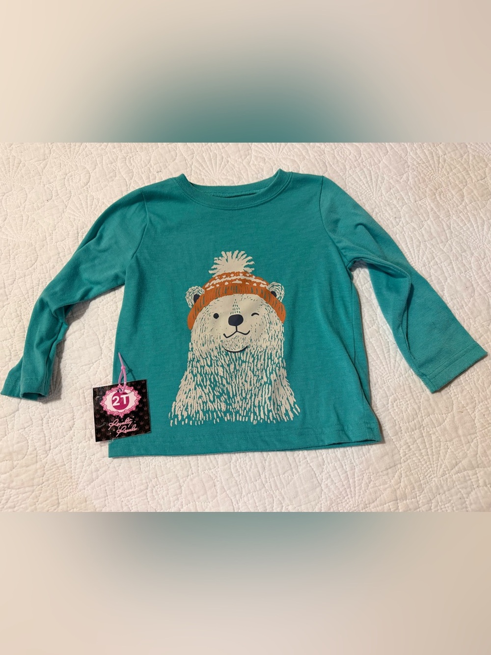 Girls' Teal Long-Sleeve Tee with Cozy Bear Graphic
